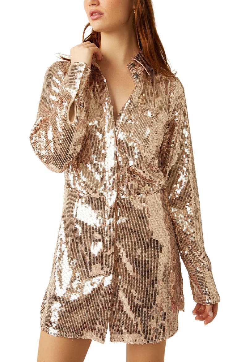 Sophie Sequin Long Sleeve Shirtdress, Alternate, color, CHAMPAGNE