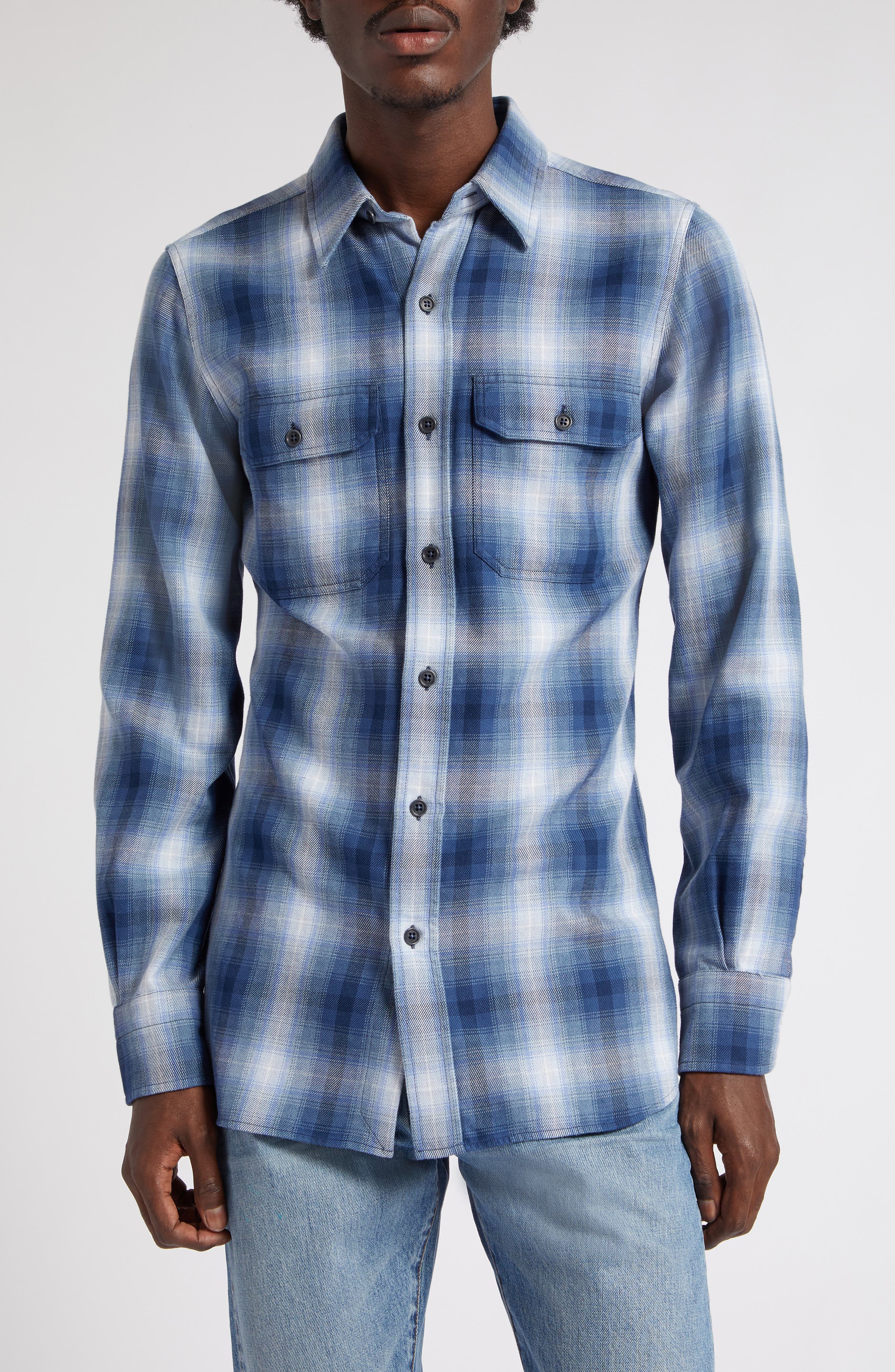 TOM FORD Ombré Plaid Military Fit Cotton Shirt