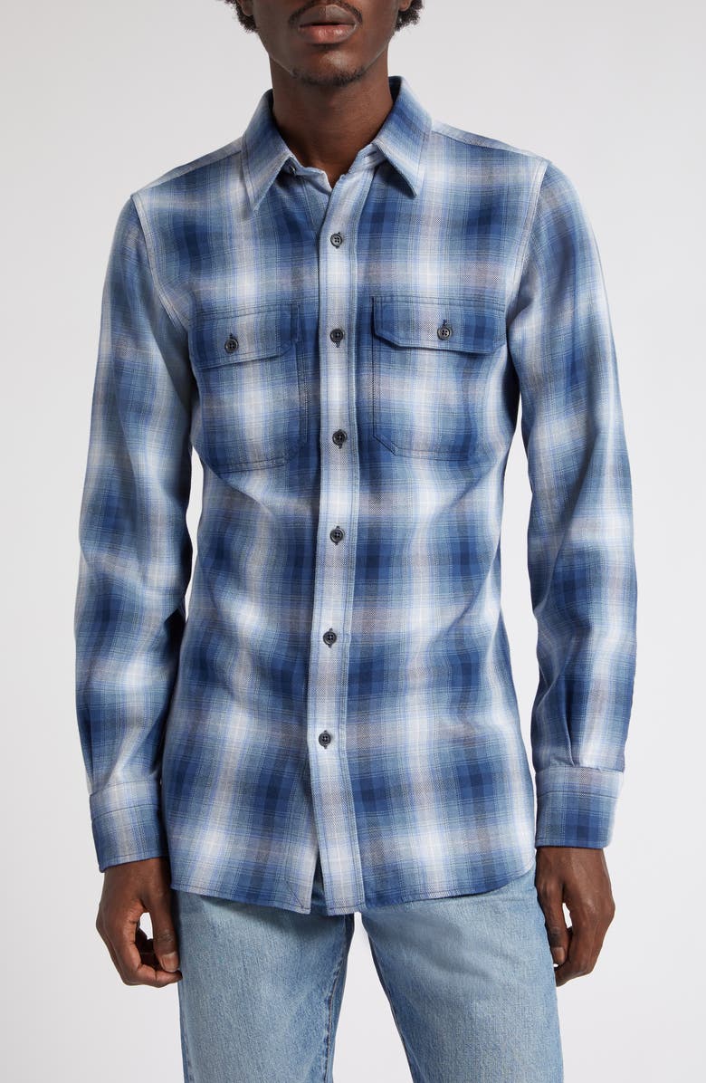 TOM FORD Ombré Plaid Military Fit Cotton Shirt, Main, color, Combo Blue