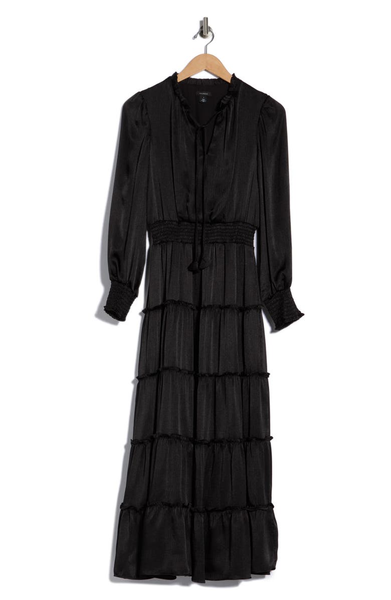 Halogen<sup>®</sup> Satin Long Sleeve Tiered Maxi Dress, Alternate, color, Rich Black