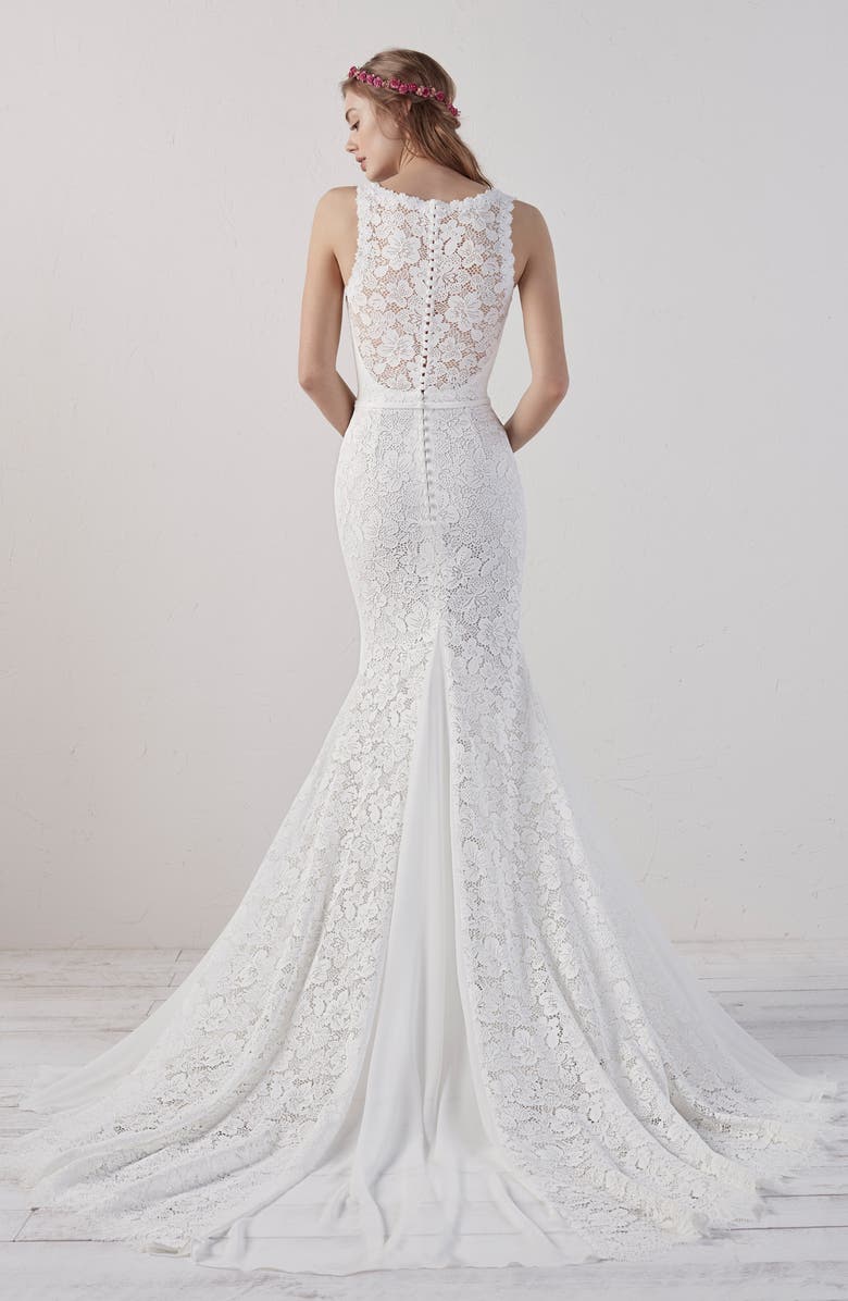 Pronovias Eladia Lace Mermaid Wedding Dress, Alternate, color,