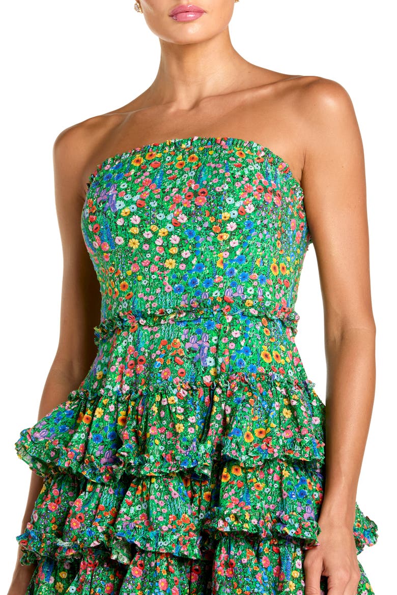Floral Cotton Strapless Tiered Ruffle Midi Dress, Alternate, color, Green Multi