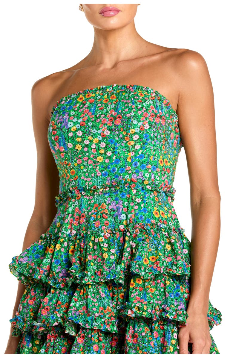 Mac Duggal Floral Cotton Strapless Tiered Ruffle Midi Dress, Alternate, color, Green Multi