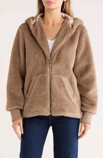 Bernardo Faux Shearling Zip Hoodie In Brown