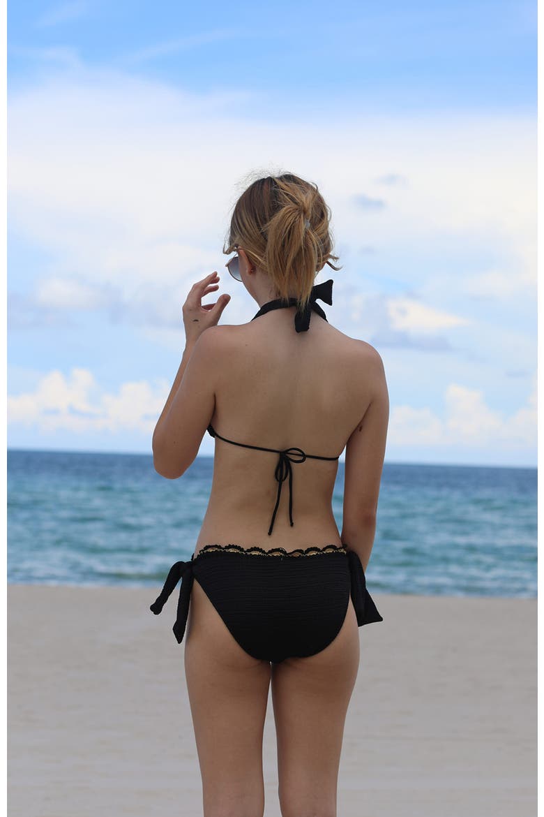 Kids' Triangle Hand-Crochet Flower Detail Two-Piece Swimsuit, Alternate, color, Black