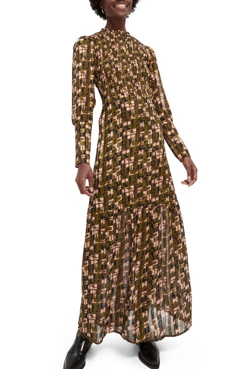 Abstract Print Long Sleeve Smocked Maxi Dress