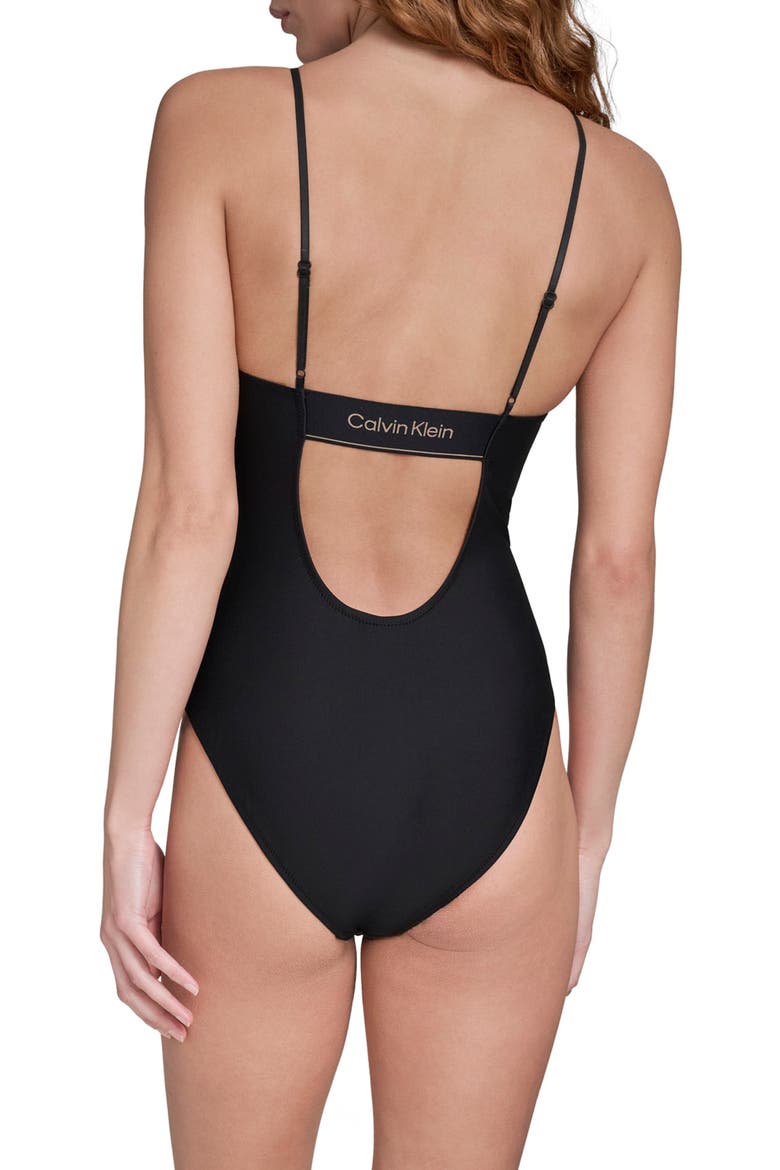 V-Neck One-Piece Swimsuit, Alternate, color, BLACK