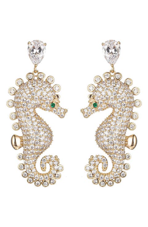 Pavé CZ Seahorse Drop Earrings