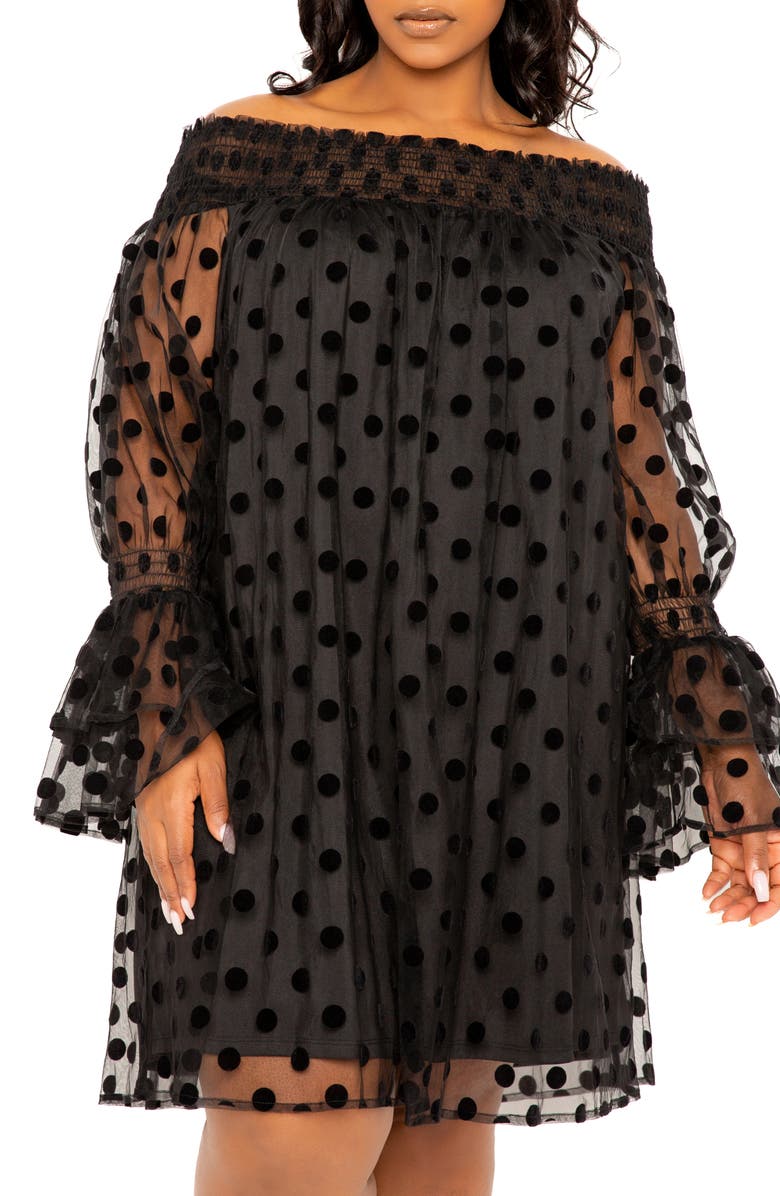 BUXOM COUTURE Flock Dot Off the Shoulder Dress, Alternate, color, Black