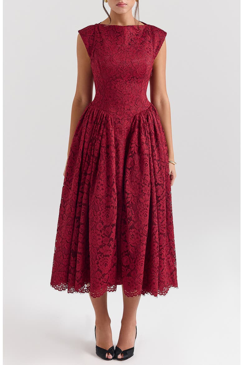 Debutante Open Back Lace Midi Dress, Main, color, ROSE LACE
