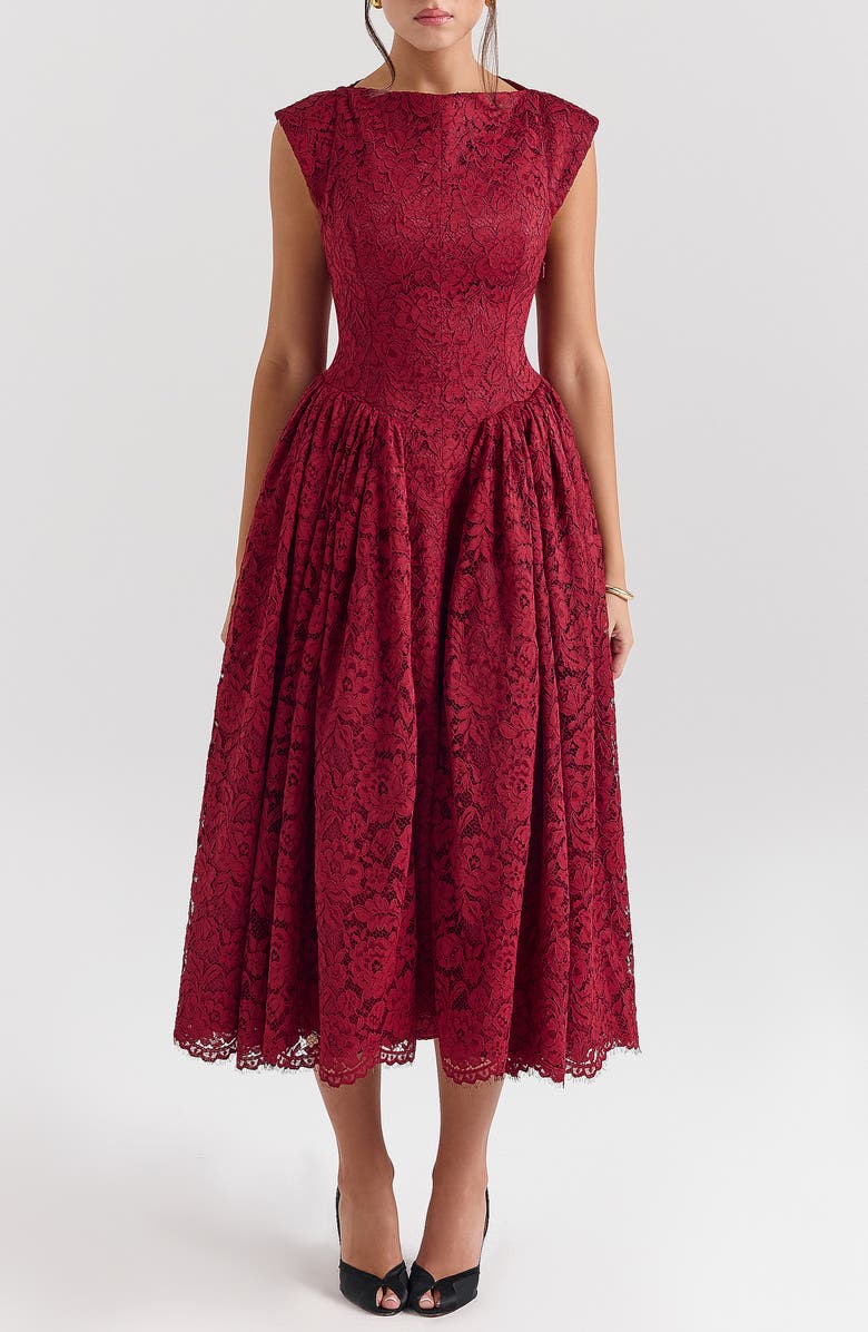 HOUSE OF CB Debutante Open Back Lace Midi Dress, Main, color, Rose Lace