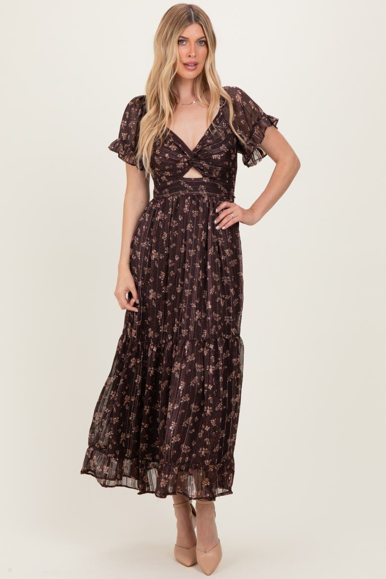 Floral Stripe Twist Front Cutout Maxi Dress, Alternate, color, Brown