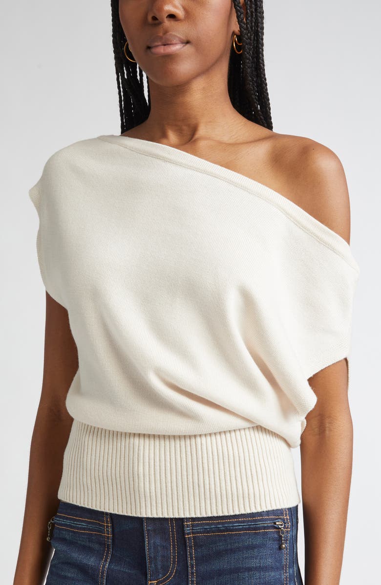 Ramy Brook Chet One-Shoulder Wool Sweater, Alternate, color, Bone