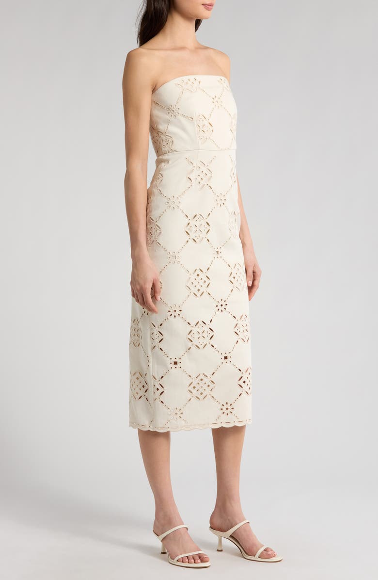 Veronica Beard Netia Embroidered Eyelet Strapless Midi Dress, Alternate, color, 