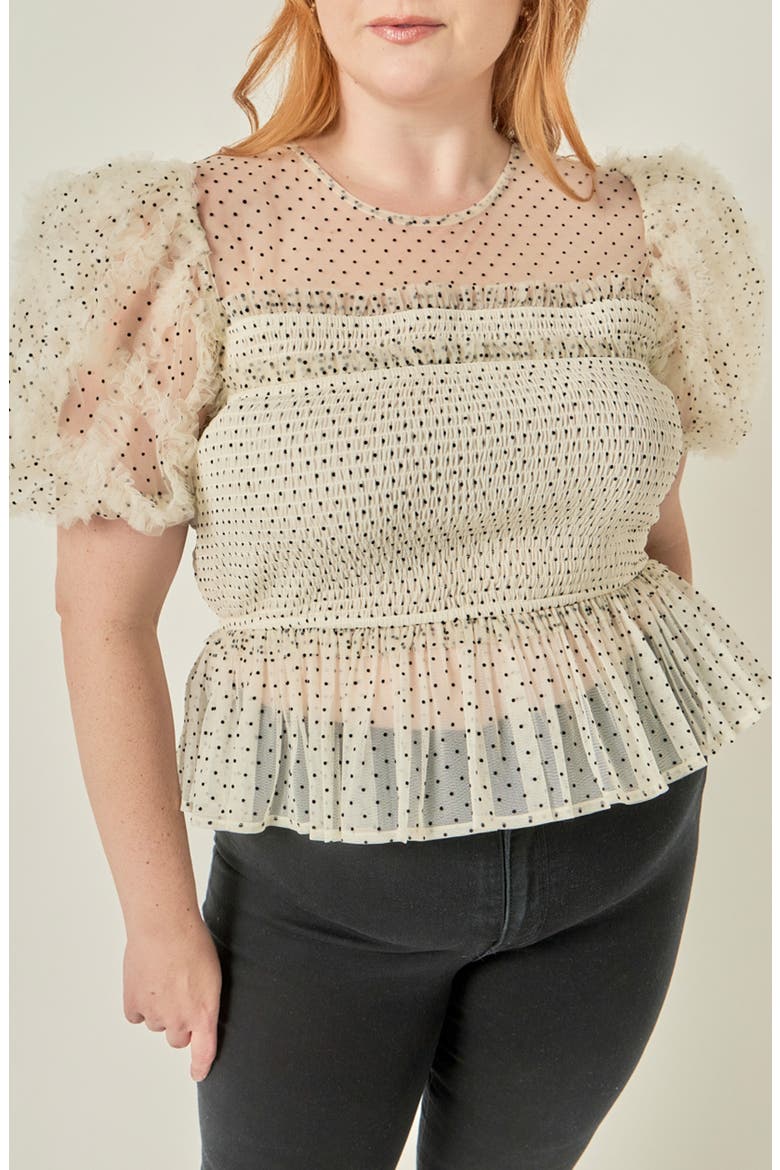 Polka Dot Smocked Puff Sleeve Top, Main, color, WHITE/ BLACK