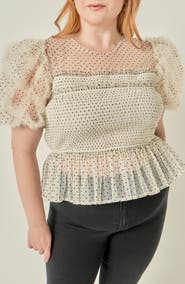 English Factory Polka Dot Smocked Puff Sleeve Top