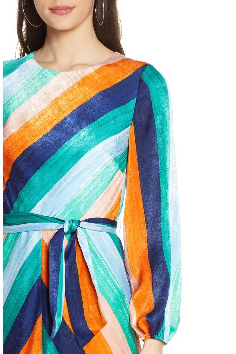 Sunset Skies Long Sleeve Stripe Satin Midi Dress, Alternate, color, SUNSET