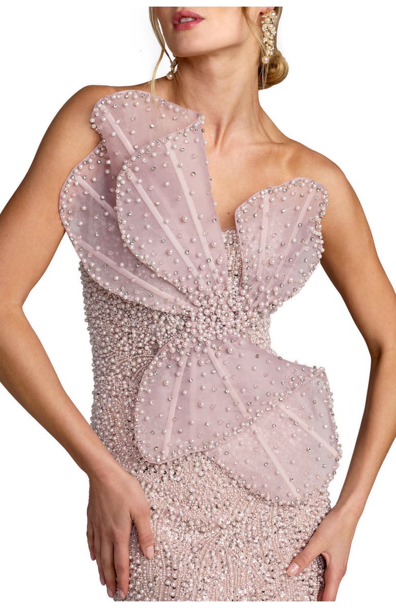 Mac Duggal Sequin Organza Strapless Bow Detail Column Gown, Alternate, color, Mocha