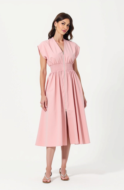 Modenaire Cap Sleeve Midi Dress With Smocked Waist Front Zip And Side Pockets In Pink