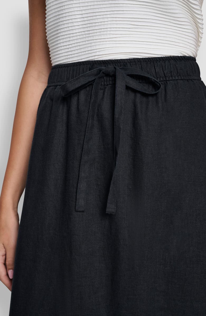 DKNY Drawstring Waist Linen Midi Skirt, Alternate, color, Black