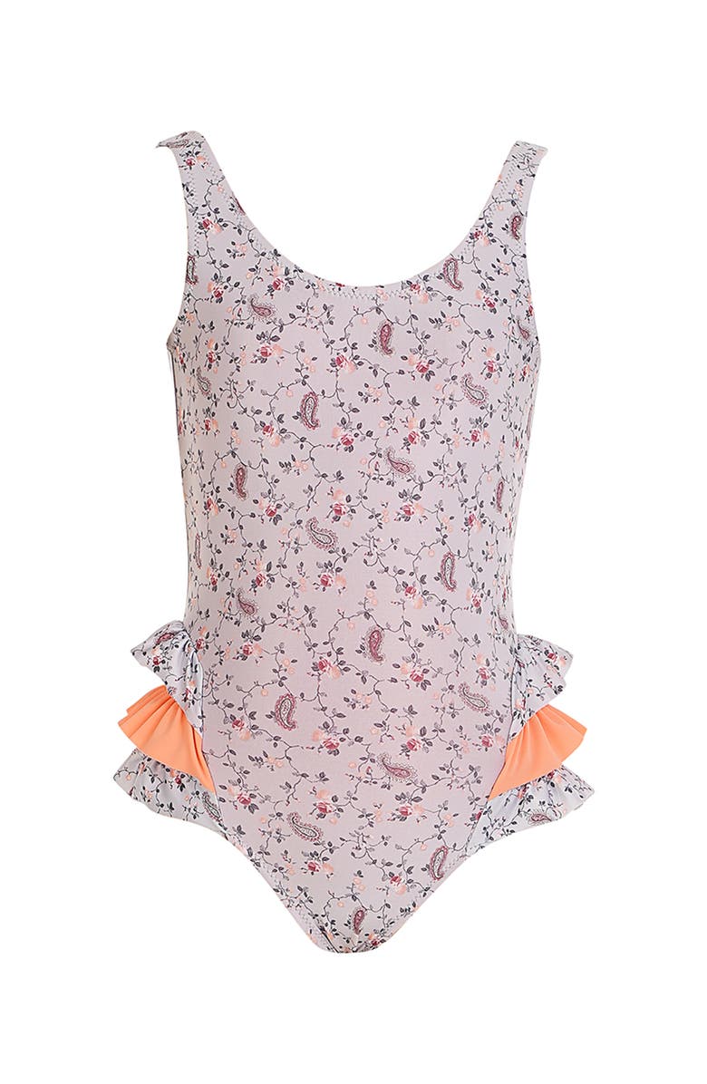 NESSI BYRD Vintage Floral Print Triple-Layered Side Ruffle Detail One-Piece Swimsuit, Main, color, Grey