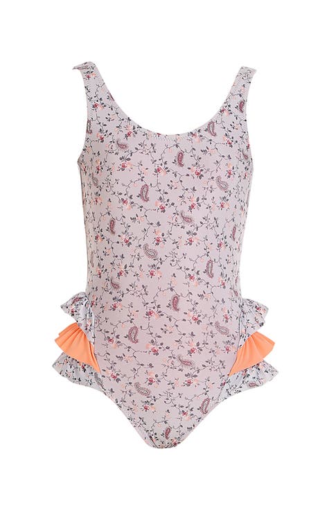 Vintage Floral Print Triple-Layered Side Ruffle Detail One-Piece Swimsuit