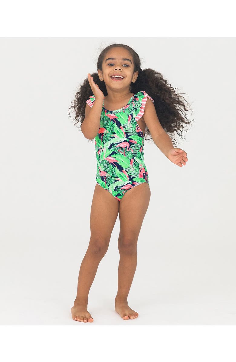 RuffleButts Girls V-Back UPF50+ One Piece, Alternate, color, Flamingo Frenzy