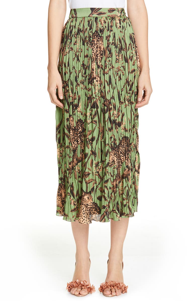 Johanna Ortiz Jaguar Print Pleated Midi Skirt, Main, color,