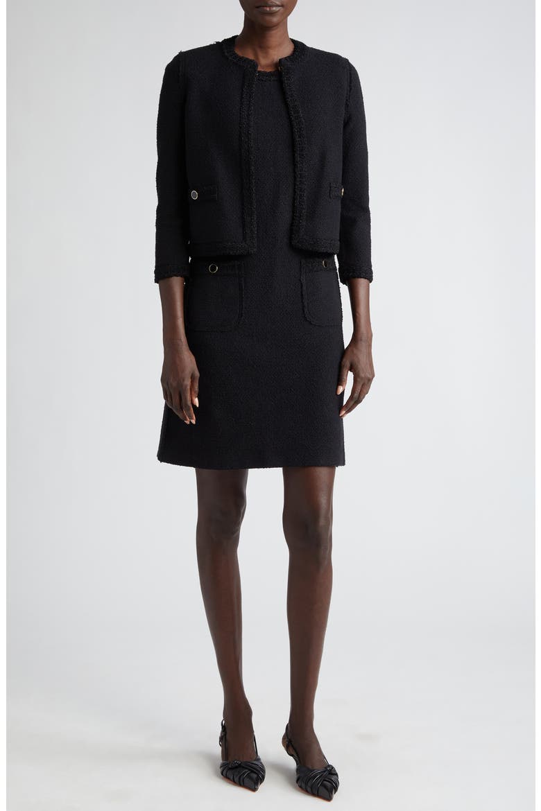 st john boucle knit dress St. John Empire-Waist Boucle Tweed Knit Midi Dress