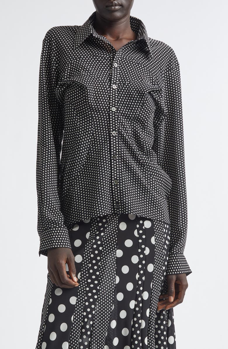 Junya Watanabe Polka Dot Georgette Button-Up Shirt, Main, color, Black/ White