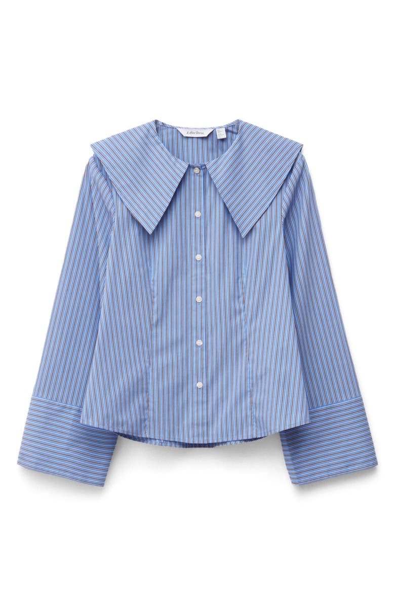 & Other Stories Stripe Oversize Collar Stretch Cotton Blend Button-Up Shirt, Alternate, color, Blue Medium