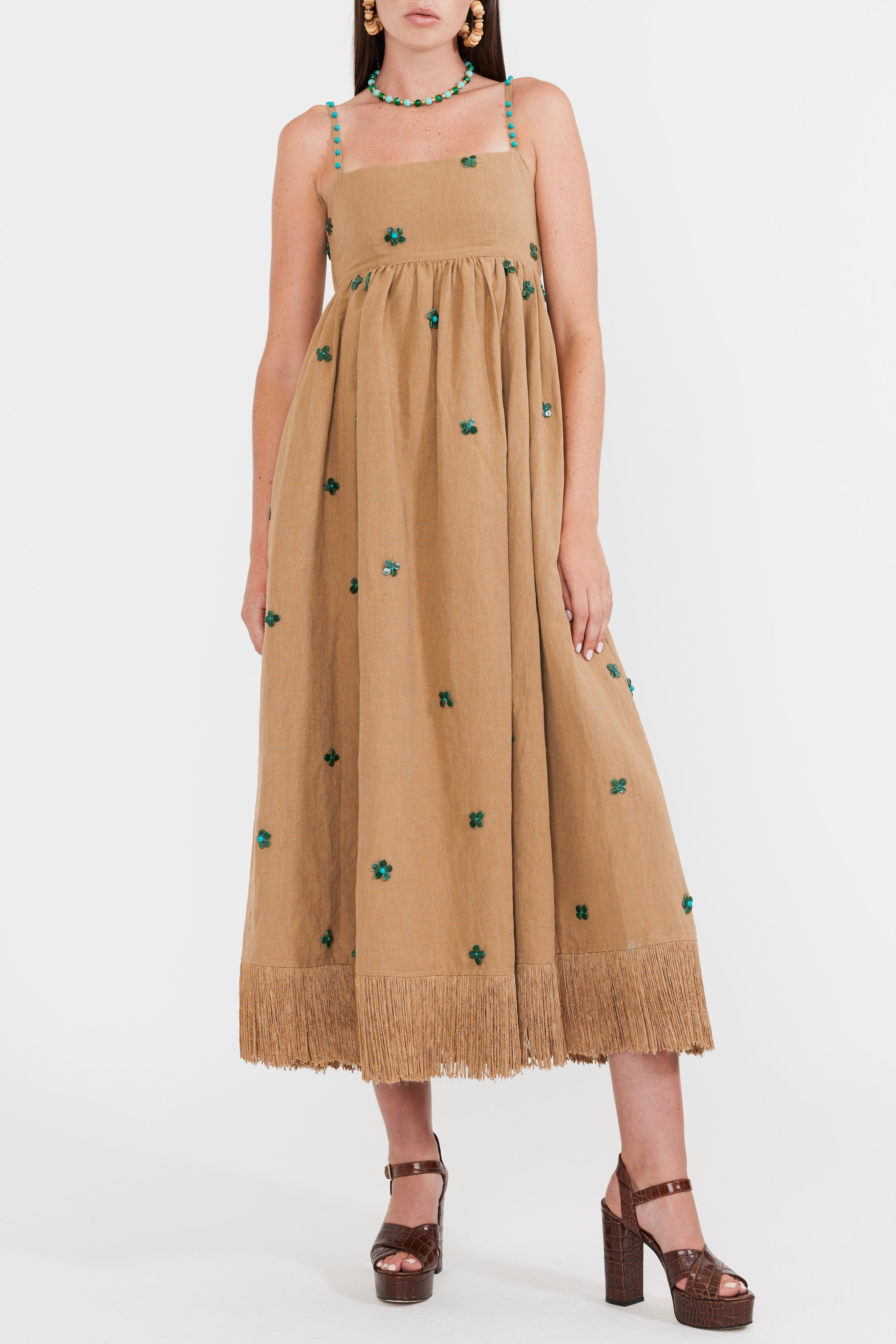 Eddy Gavin Midi Dress in Light Fawn With Emeralds 