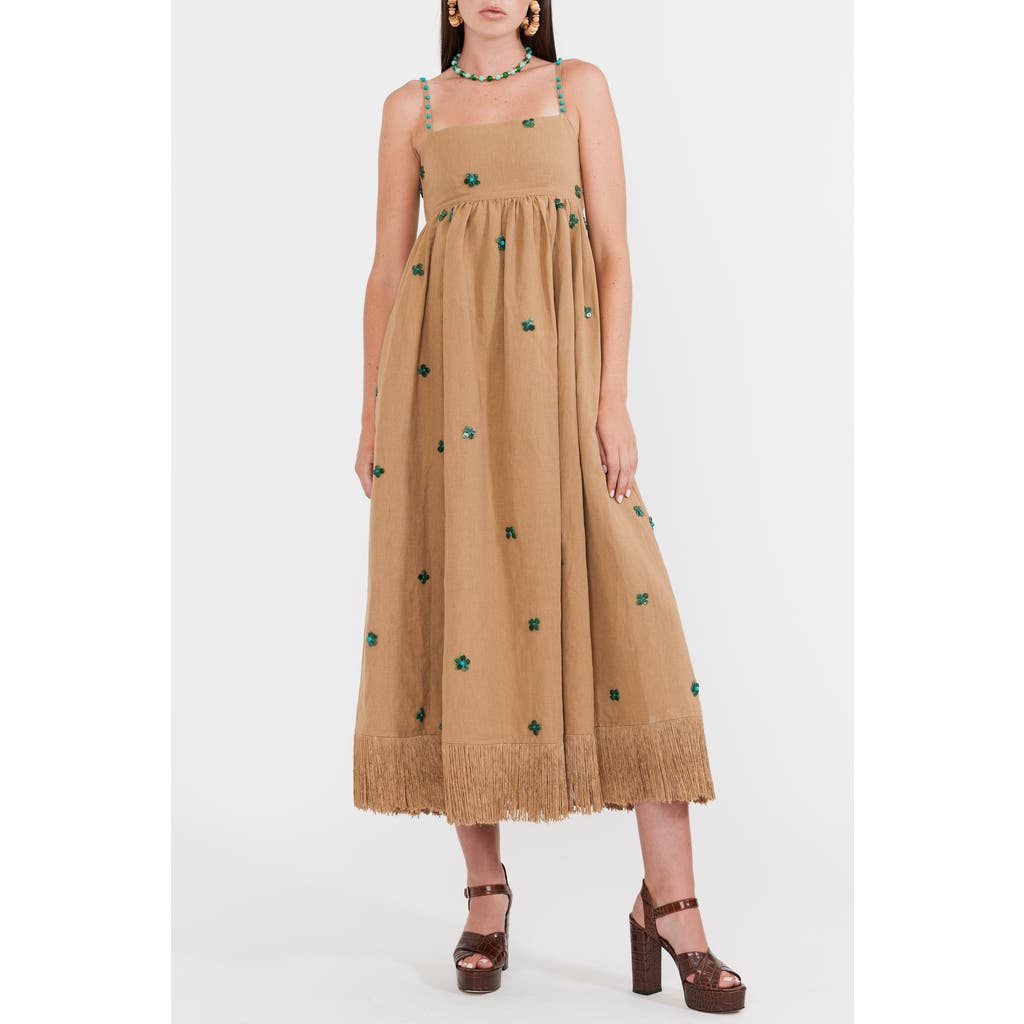 Eddy Gavin Midi Dress in Light Fawn With Emeralds