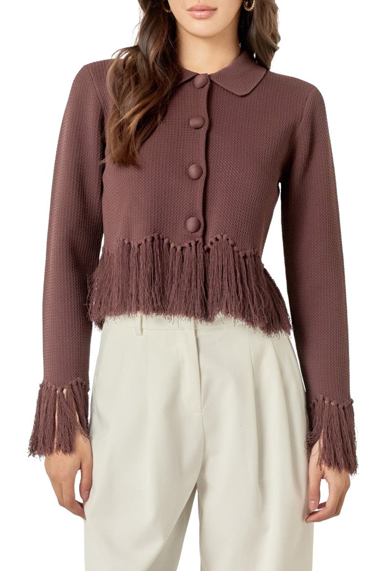 Fringe Trim Cardigan, Main, color, CHOCOLATE BROWN