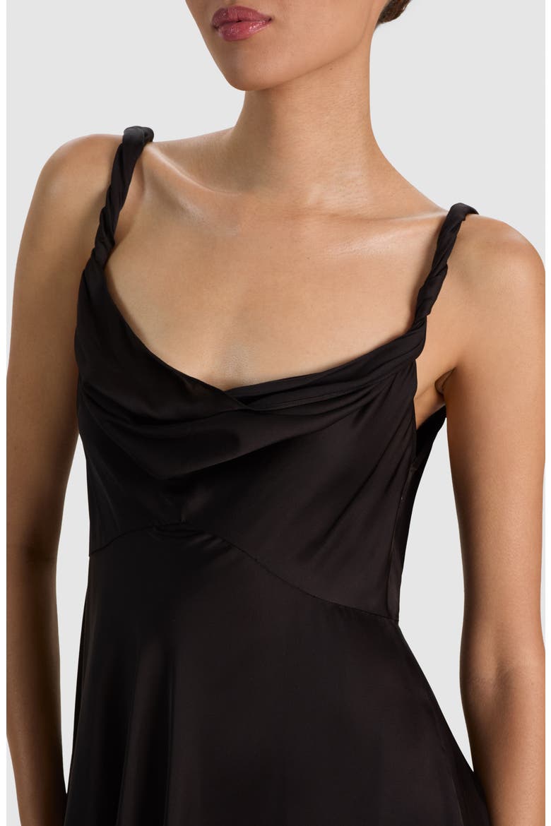 Monique Cowl Neck Twist Strap Satin Minidress, Alternate, color, BLACK