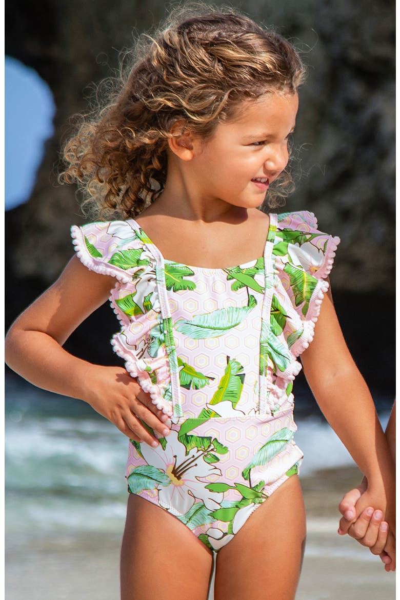 Kids' Hibiscus Botanical Ruffle One-Piece UPF 50+ Swimsuit, Alternate, color, PINK