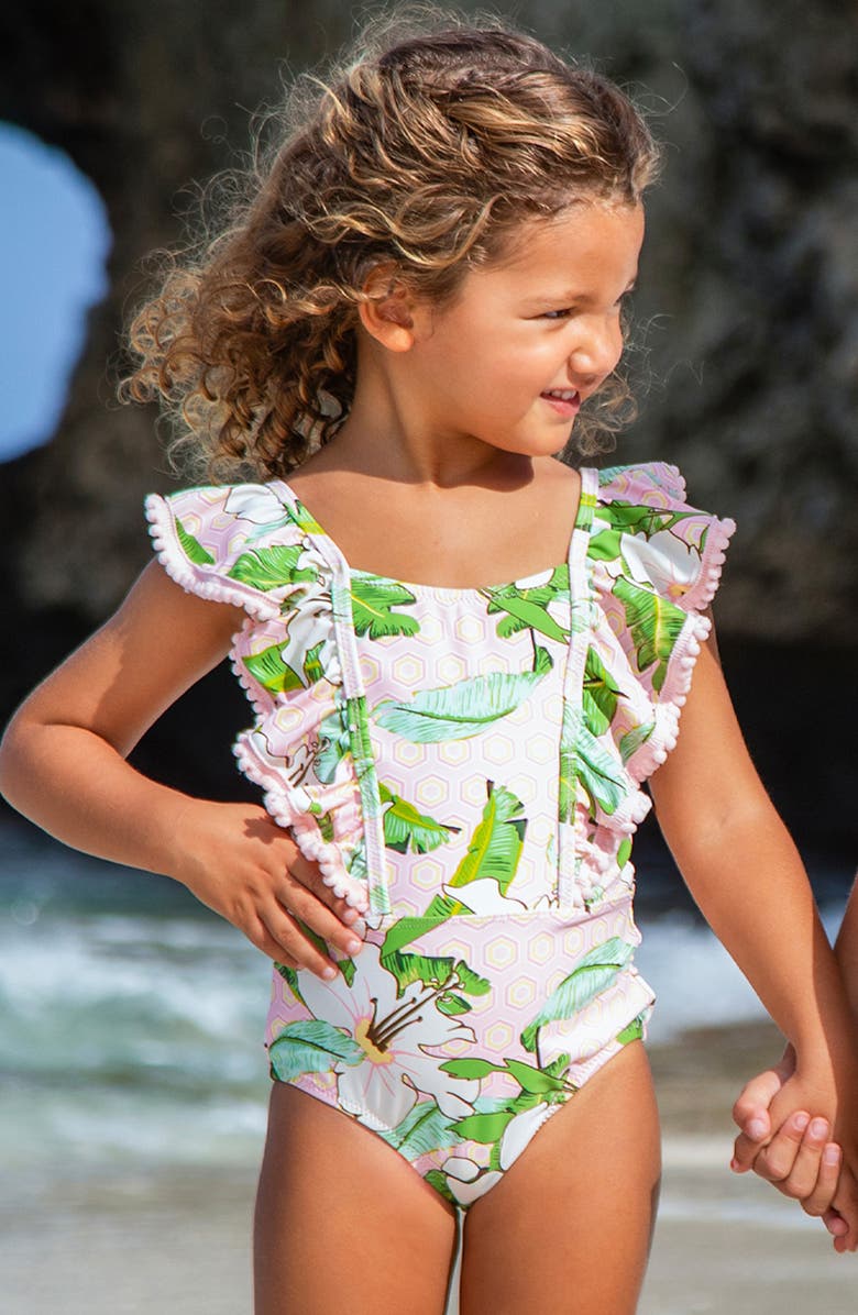 Shade Critters Kids' Hibiscus Botanical Ruffle One-Piece UPF 50+ Swimsuit, Alternate, color, Pink