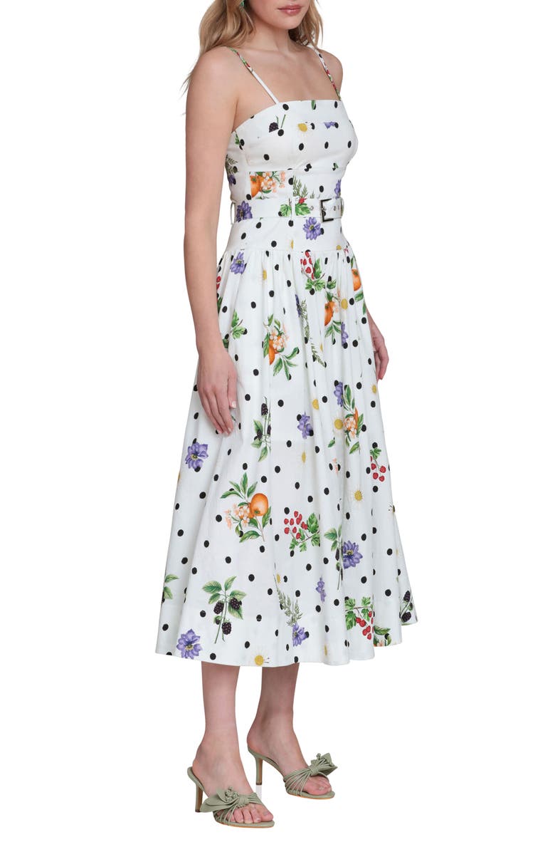 Avec Les Filles Fruit Florals & Polka Dot Belted Drop Waist Midi Dress, Alternate, color, White Scattered Bota