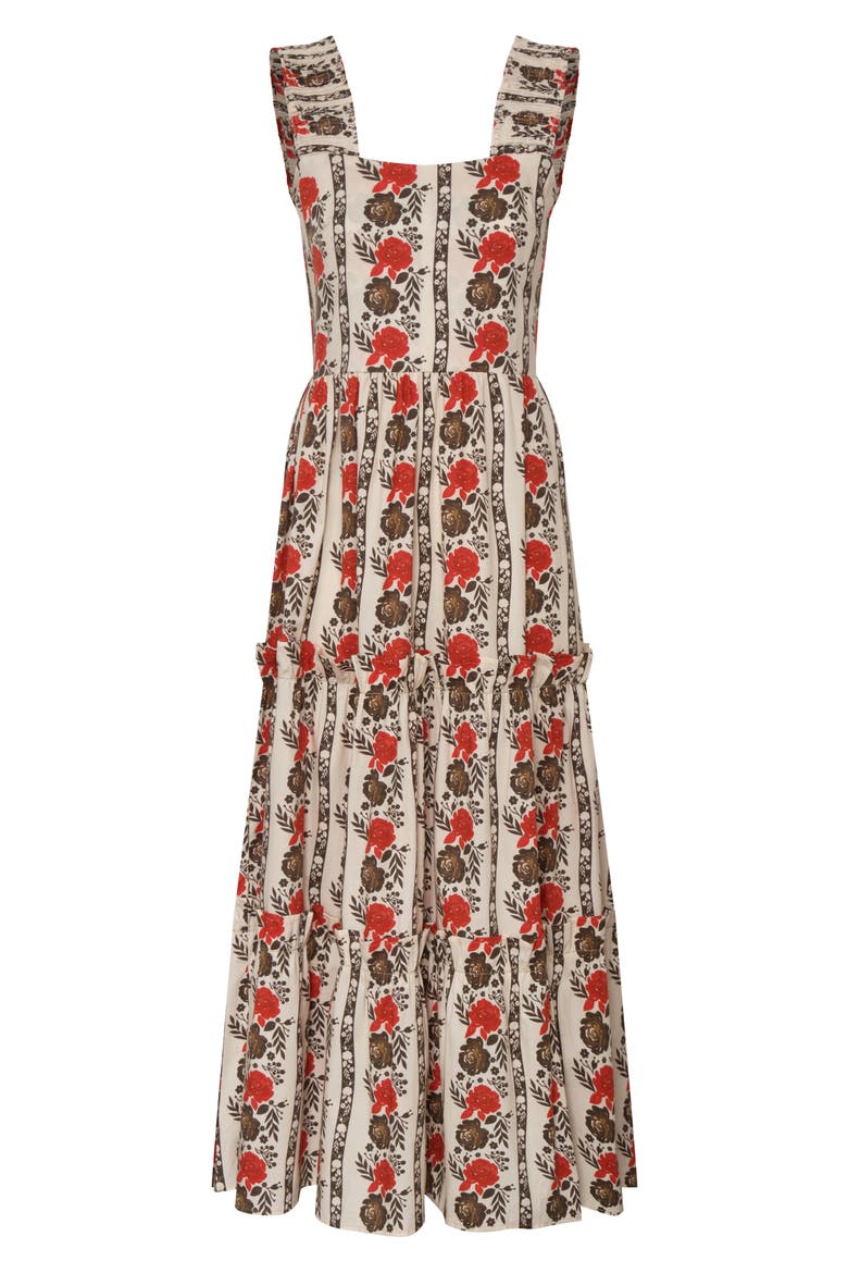 New Sunset Floral Tiered Stretch Cotton Maxi Sundress, Alternate, color, BROWN LACED IN BLOOM