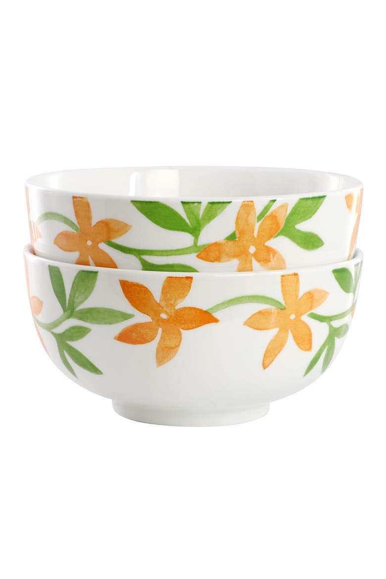 2 Piece Fine Ceramic Cereal Bowl Set in Floral, Main, color, Orange
