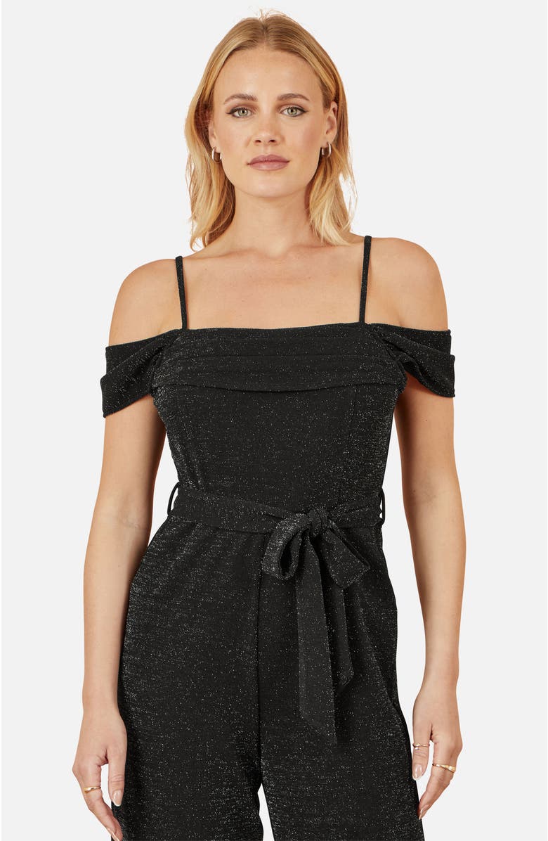 Yumi Sparkle Stretch Bardot Jumpsuit, Alternate, color, Black