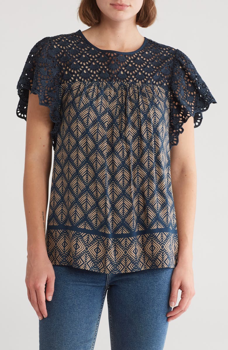 DR2 by Daniel Rainn Knit Lace Printed Short Sleeve Top, Main, color,