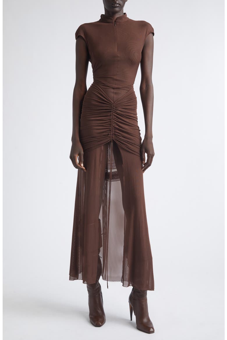 Anai Ruched Stretch Mesh Dress, Main, color, BROWN