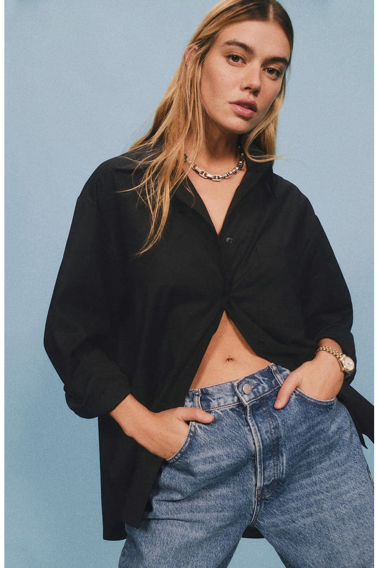 Women's Will Oversize Stretch Organic Cotton Button-Up Shirt, Alternate, color, BLACK