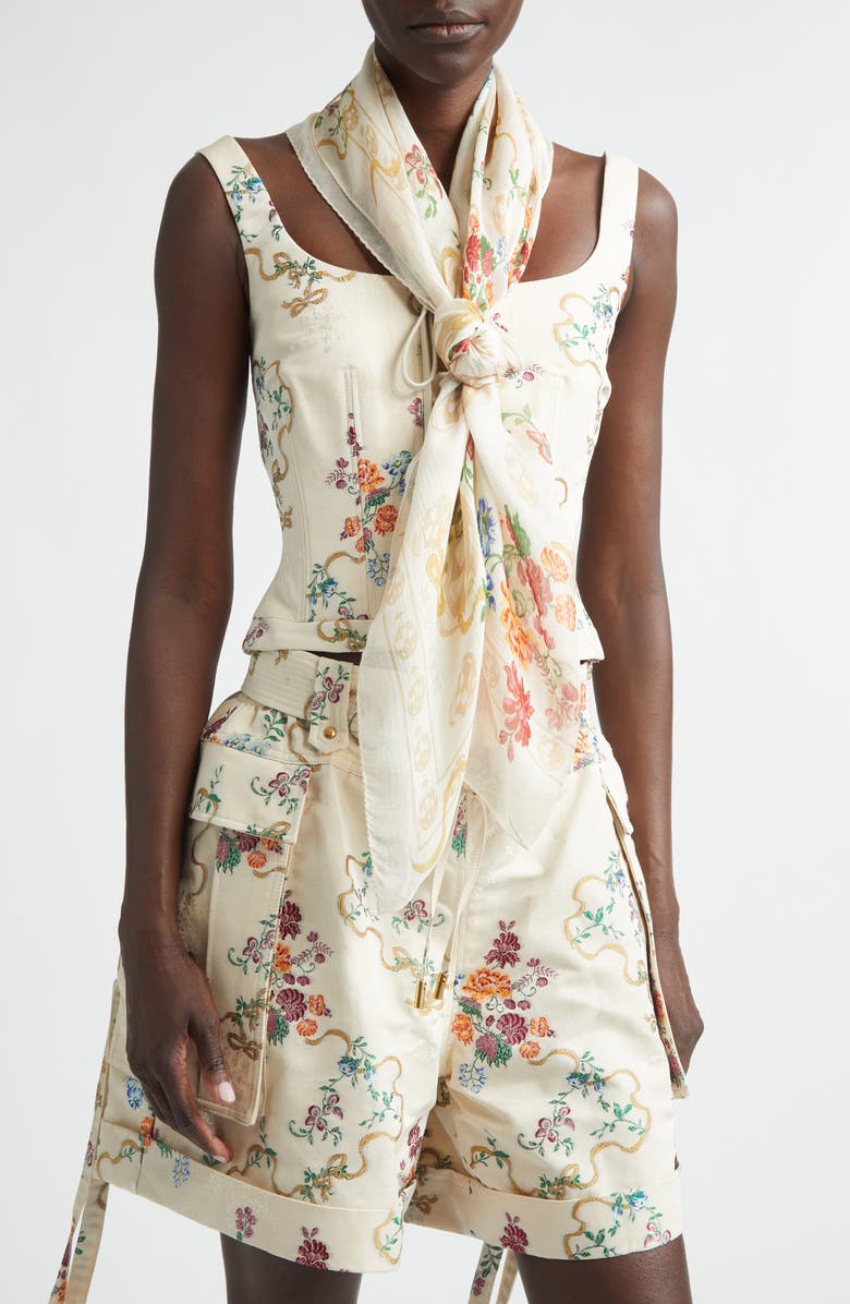 McQueen Floral Skull Silk Chiffon Scarf, Alternate, color, Ivory/ Beige