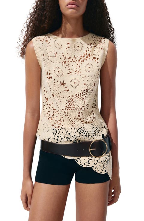 Truita Open Work Knit Asymmetric Hem Top