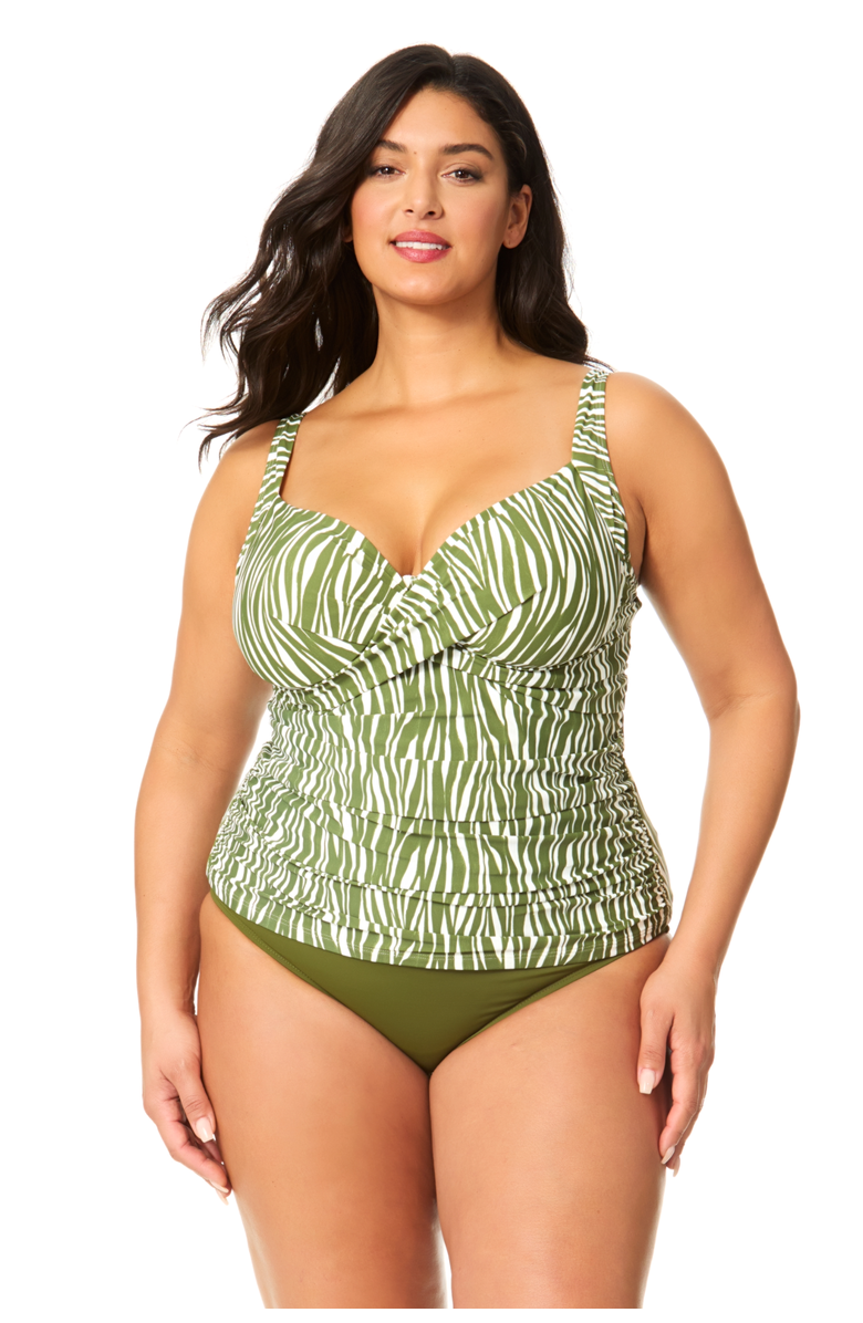 Anne Cole Plus Women's Plus Sierra Woodblock Drape Front Underwire Tankini Swim Top, Main, color, Sierra Woodblock