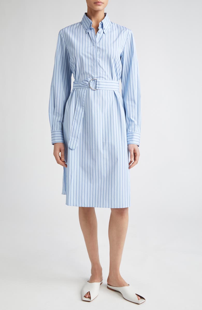 Akris punto Stripe Long Sleeve Cotton Poplin Shirtdress, Main, color, Sky-Medium Blue