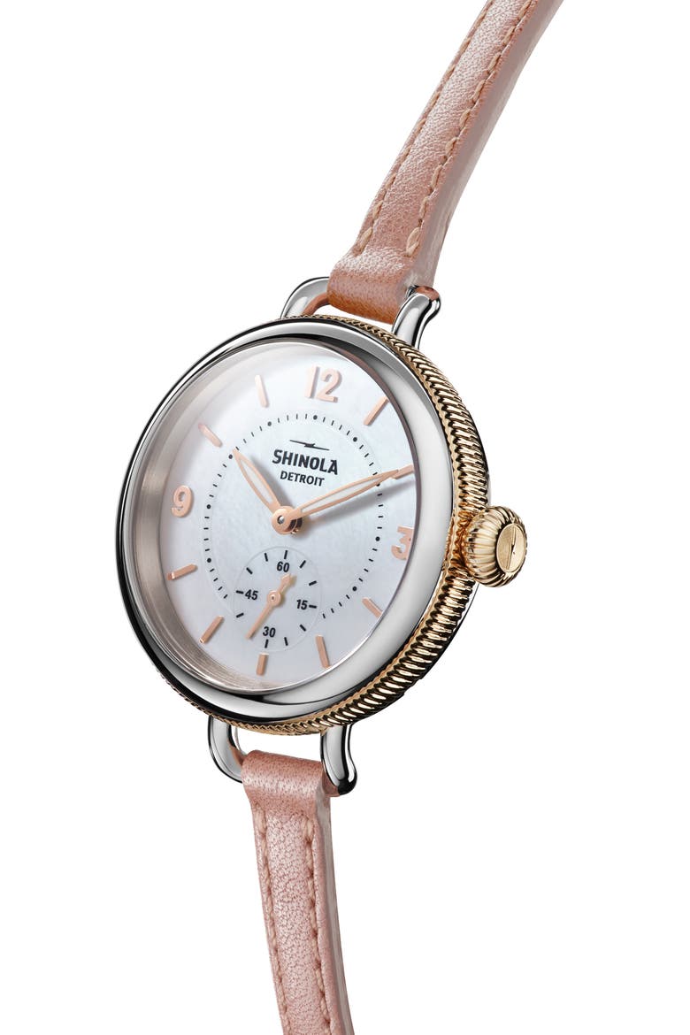 Birdy Blush Leather Strap Watch, 34mm, Alternate, color, WHITE MOTHER OF PEARL