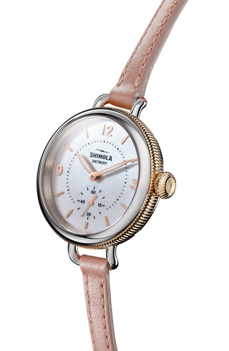 Shinola Birdy Blush Leather Strap Watch, 34mm, Alternate, color, White Mother Of Pearl